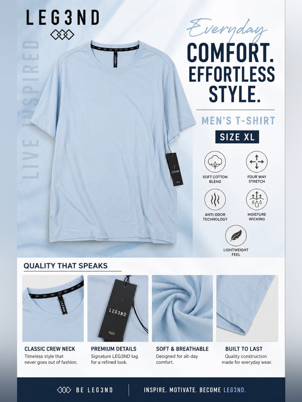 LEG3ND Men’s Light Blue Crew Neck Short Sleeve T-Shirt